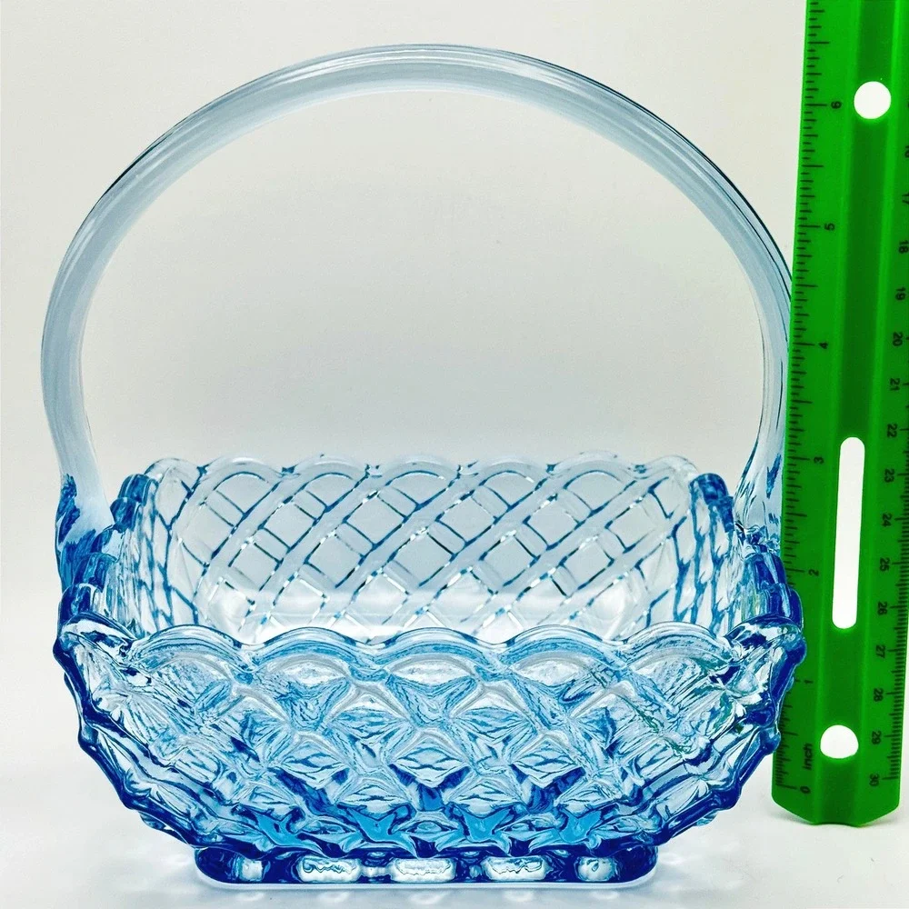Vintage L.E. Smith Blue Glass Trellis Basket Woven Lattice Handle Cottagecore